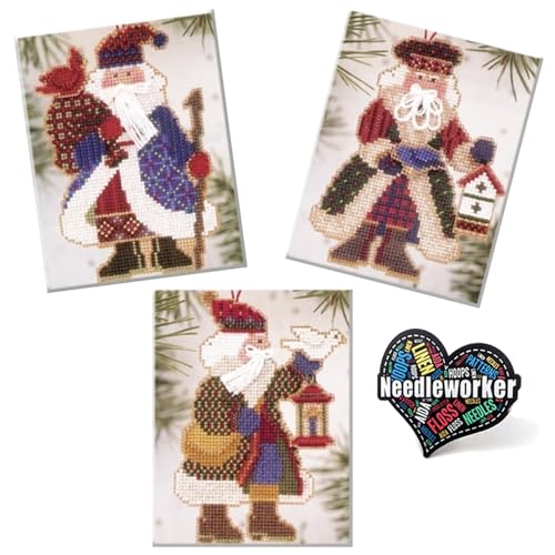 Mill Hill Alpine Santa Set (2003) Set of 3 Beaded Cross Stitch Kits Including Bluebird, Dove and Cardinal Santas, Plus Decorative 'Needleworker' Sticker