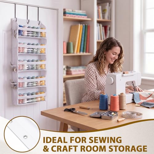 Tegeme 5-tier Hanging Thread Holder with PVC Window & Side Pocket,White - color: White