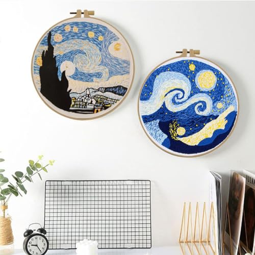Esffaci Embroidery Starter Kit for Adults Beginners with Van Gogh Starry Night Pattern Stamped Cross Stitch Set with Embroidery Cloth Hoop Needles Threader Colorful Floss and Instruction - color: Starry Night