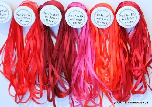 Red Tones 7mm 100% Pure Silk Ribbon Set, 5 Spools (10 Meters Each)