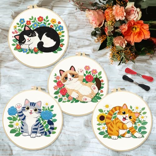 INFUNLY 4 Sets Cute Cat Embroidery Kits for Adults Flowers DIY Cross Stitch Starter Kit with Instructions Kitten Wildflowers Needlepoint Kits with Embroidery Cloth Colored Threads Hoops Tools