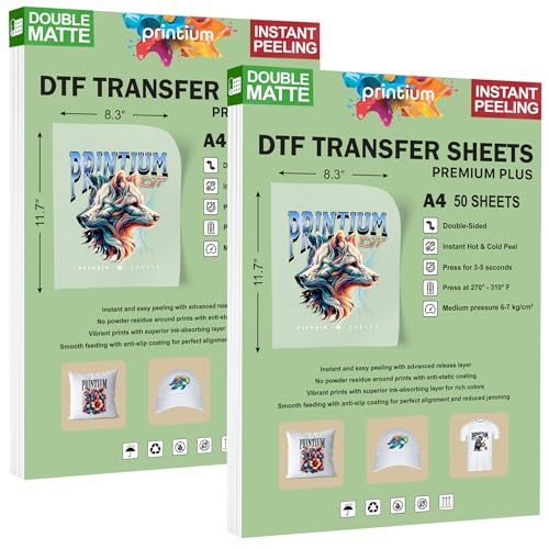 DTF Transfer Film Sheets A4 (8.3 x 11.7 inch) | Premium Plus (Pack of 2) | Double Matte Anti-Static PET | 50 Pack | Heat Press Paper | ET8550 L1800 XP15000 XP600 R1390 I3200 TX800 - size: Premium+ 50 Sheets - 2 Pack
