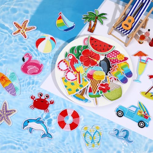 AUGSUN 36pcs Summer Iron on Patches Hawaiian Beach Embroidered Sew Applique - style: Summer