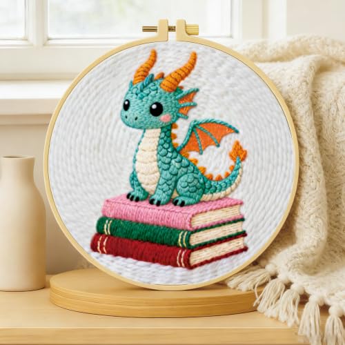 BEUNITONE 2PCS Punch Needle Kits with Dragon Book Pre-print Pattern Easy for Beginners, DIY Craft Embroidery Needlepoint Kits for Adults with Hoop Punch Needle Set for Craft Lovers Home Decor 7.9x7.9" - color: 10-Dragon Book