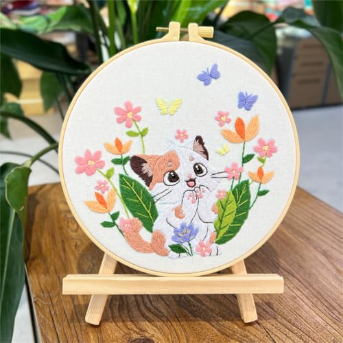 Meecaa Cat Flowers Animals Butterfly Embroidery Kit Starter Set, Hand Embroidery Set,Pattern Printed Cross Stitch Set for Beginner Adults, with Embroidery Hoop and Instructions (Flower 8) - color: Flower 8