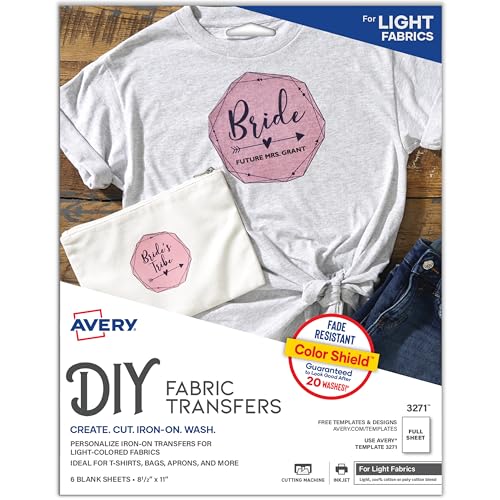 Avery Printable Heat Transfer Paper for Light Fabrics, 8.5" x 11", Inkjet Printer Compatible, 6 Sheets of Iron On Transfer Paper, Great for Custom Shirts, Uniforms, Gifts, and More (3271) - size: 8.5"x11", style: 6 transfers