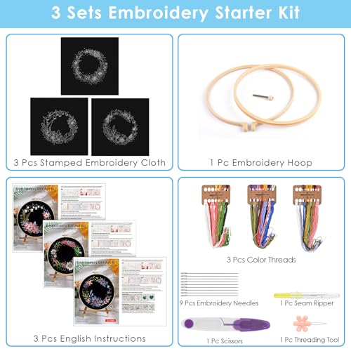 ERKOON 3 Sets Embroidery Kit, Floral Cross Stitch Set for Include Embroidery Cloth Hoops Threads for Craft Lover Hand Stitch (Garlands) - color: Garlands