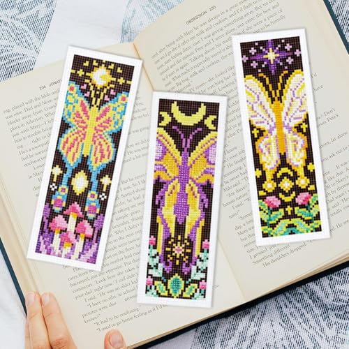INFUNLY 6Pcs Cross Stitch Bookmark Kit 3x8.5 Inch Butterfly Stamped Embroidery Starter Set for Adults DIY Fabric Needlepoint Bookmark with 16 Colors Floss Scissor Threader Backing Felt for Book Lovers - style: Butterfly