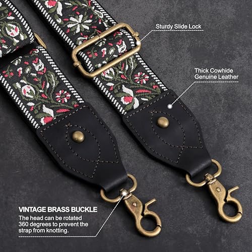Nefelibata Banjo Strap,2"Wide Double Crazy Horse Leather Jacquard Embroidery Strap Adjustable Replacement,Multi-pattern Strap With Metal Clips - color: A#-leather White Flower Embroidery