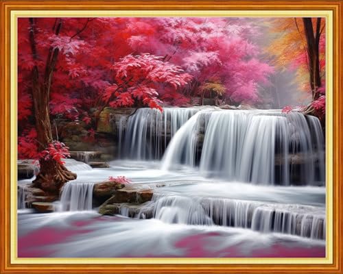 Dooxvey Cross Stitch Kits for Adults Beginners,Full Range of Cross-Stitch Stamped Kits Needlepoint Kits for Beginners Embroidery Kits 11CT Cross Stitch Patterns-Waterfall Maple Leaves 16x20 inch - color: Manual Arts 11
