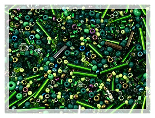 0.7oz (20g) Mix of Small Rocailles, Seed Beads & Bugles 2-10mm Preciosa Ornela Czech Glass Beads, Mix Green Iris - color: Seed Beads Mix - Green Iris