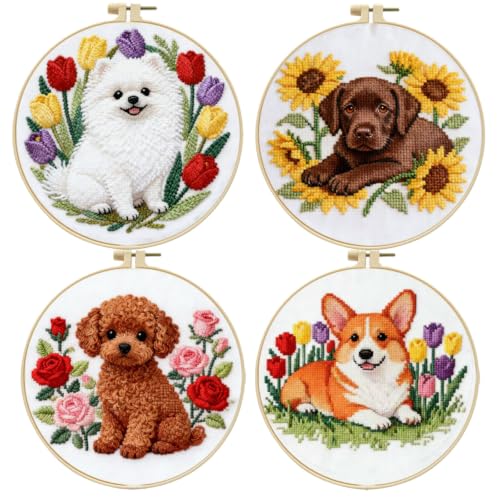 FEIYUENO 4 Set Teddy Cross Stitch Embroidery Kit for Adults Beginner (Dog2) - color: Dog-2