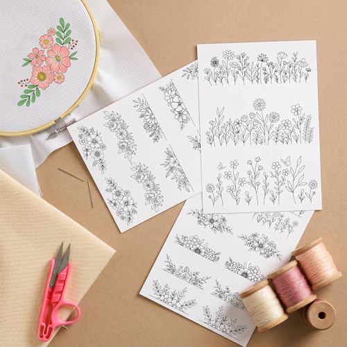 Water Soluble Embroidery Patterns 3 Sheets Stick and Stitch Stabilizer with Pre Printed Floral Flower Leave Designs for Hand Sewing