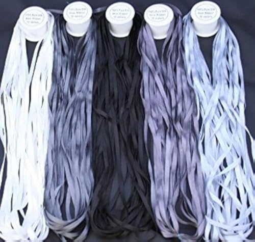 Grey Shades 4mm 100% Pure Silk Ribbon Set, 5 Spools (10 Meters Each)