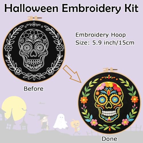 Nuberlic Sugar Skull Embroidery Kit for Beginners Adults Stamped Needlework - color: Sugar Skull