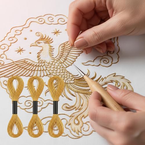 12 PCS Gold Embroidery Thread, Embroidery Floss for Cross-Stitch and Friendship Bracelets, Sewing Thread with Gold Shimmer, 8m Each in Golds and Golden Yellow
