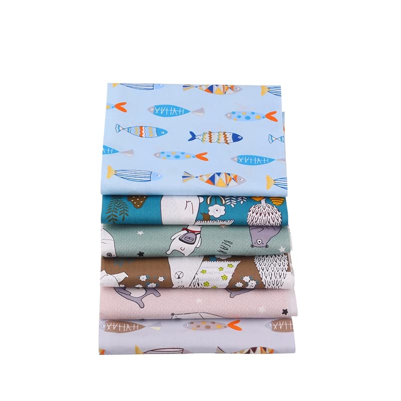 AMORNPHAN Bear and Fish Animals Cartoon Printed 100% Cotton Quilting Bundles Fabric for Patchwork Needlework DIY Sewing Crafting Precut Face Mask 16x20 Inches (40x50cm.) Set of 6 Pieces (Bear&Fish) - color: Bear&fish