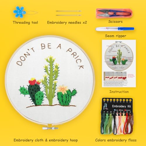 BERYA Cactus Embroidery Kit Including Video Step by Step Instructions Embroidery Hoop,Color Threads and Embroidery Scissors for Beginners-Handmade Needlepoint Kits for Adults - color: cactus green