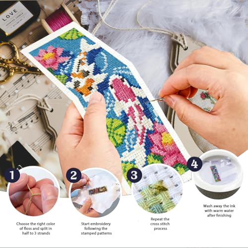 INFUNLY 6 Set Koi Fish DIY Cross Stitch Bookmark Kits for Adults Lotus Pond Counted Cross Stitch Kit with Instructions Koi Fishes Stamped Embroidery Bookmark Kit for Book Lovers Readers Gift - style: Koi Fish