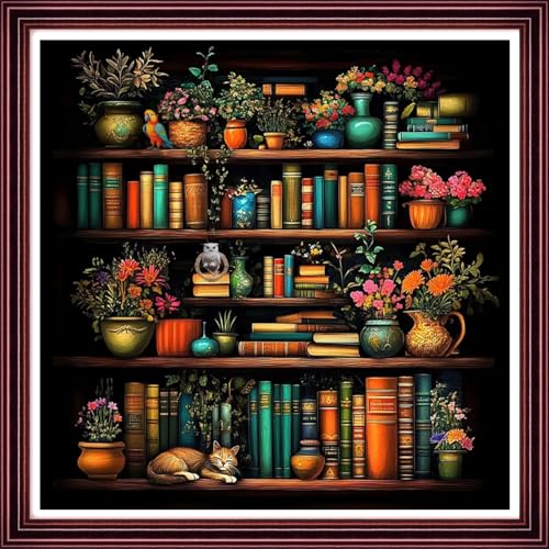 Funchey Counted Cross Stitch Kits for Adults Needlepoint Kits Unprinted Cross Stitching Embroidery Kit 11CT Cross Stitch Supplies-Bookshelf Flowers Cat 18x18 inch - color: ArtsKits16