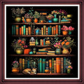 Funchey Counted Cross Stitch Kits for Adults Needlepoint Kits Unprinted Cross Stitching Embroidery Kit 11CT Cross Stitch Supplies-Bookshelf Flowers Cat 18x18 inch - color: ArtsKits16