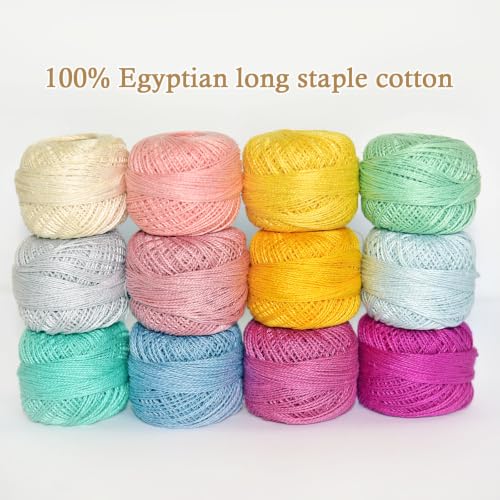 Double Mercerized Egyptian Long Staple Cotton Pearl Thread Ball 10 Grams Rainbow Color 12 Colors per Box for Crochet Hardanger Kniting Hand Sewing,Pink & Fresh GreenPalette - color: Pink Fresh Green Palette