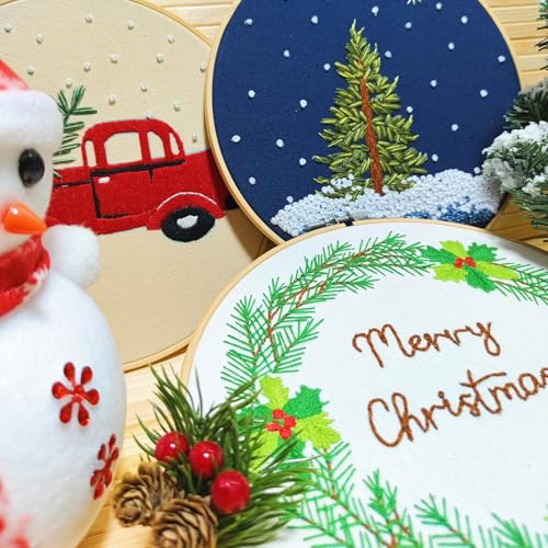 Embroidery Christmas Kits for Adults Beginners Embroidery Starter Kits with Christmas Tree Wreath Pattern, Hand DIY Embroidery Stamped kits, 3 Embroidery Hoops, 3 Embroidery Fabric, Needles and Thread