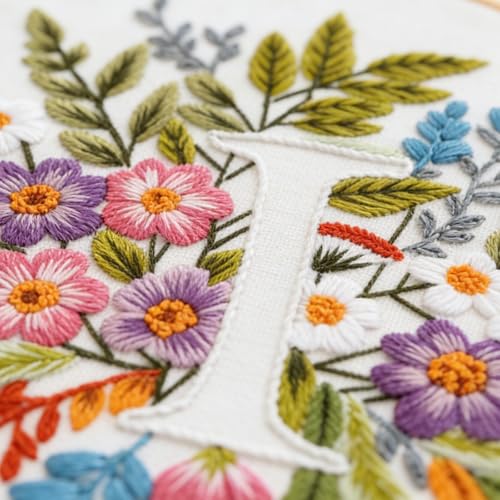 Zerzsy 7.87 '' Embroidery Kits Plant Flower Leaf English Letter Patterns for Beginners Adults, Easy to Learn Cross Stitch Kit for Home Office Decor - color: Letter I