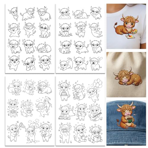 ORIGACH 4 Sheets A4 Highland Cow Water Soluble Embroidery Patterns, Stick and Stitch Paper for Animal-Themed DIY Sewing, Beginners Hand Sewing Stabilizers - color: Highland Cow