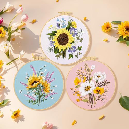 Ponpon 3 Sets Embroidery Kit for Beginners, Embroidery Kit for Adults with Follow Instruction, Cross Stitch Kits with Wooden Embroidery Hoops (Stlye A) - style: Stlye A