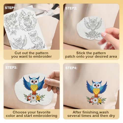 22Pcs Owl Embroidery Pattern Stabilizer, 8.3"x11.7" Owl Flower Water Soluble Stick and Stitch Embroidery Sticker, 4 Sheets Bird Hand Sewing DIY Embroidery Paper - style: Owl