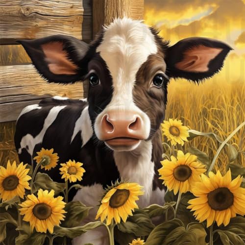 DYAIANGMU Cow Stamped Cross Stitch Kit for Adults 13.7x13.7 inches - color: flower-50