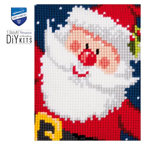 Vervaco Cross Stitch Christmas Pillow Kit TA-DAA Santa DIY Home Decor Stamped Embroidery Chunky Cross Stitch Cushion Craft Supplies ca. 16" x 16" Needlepoint Kits for Adults Creative Gift - size: Happy Santa