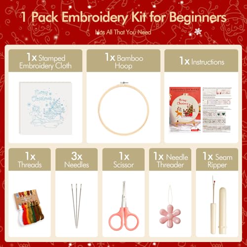 wtisan Christmas Embroidery Kit, Cross Stitch Kits for Beginners, Needlepoint with All Tools & Instructions, Stamped Hand Embroidery Starter Kit for Holiday Crafts & Xmas Home Decor, W15 - color: W15, size: 1 Pack