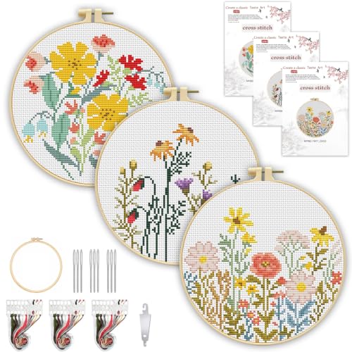 3 Pack Stamped Cross Stitch Kits for Beginners-Wild Flowers,with Hoop - color: Wild Flowers-2607