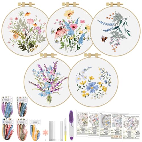 ERKOON Embroidery Kit for Beginners, 5 Sets Flower Cross Stitch Set for Adults Include Embroidery Cloth Hoops Threads for Craft Lover Hand Stitch with Skill Techniques (Flower) - color: Flower