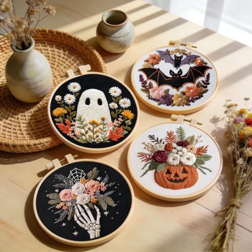 Santune Halloween Embroidery kit,Fall Needlepoint Cross Stitch Kits for Beginners Adult,Needle Point Sets,4 Embroidery,2 Hoops,Halloween Ornaments - color: Halloween Series