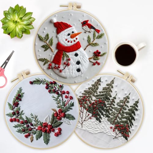 LB Red Christmas Embroidery Kit for Beginners Adults, 3 Sets Hand Embroidery Starter Kit with Cute Snowman and Instructions Stamped Cross Stitch Kits Include Embroidery Hoop Needles Threads Scissors - color: Red White