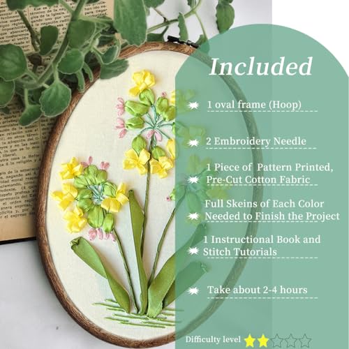 FONNUY Ribbon Embroidery 3D Flowers Pattern Design Kit Embroidery DIY Handwork Set Oval Home Decoration (Yellow Camellia) - style: Yellow Camellia