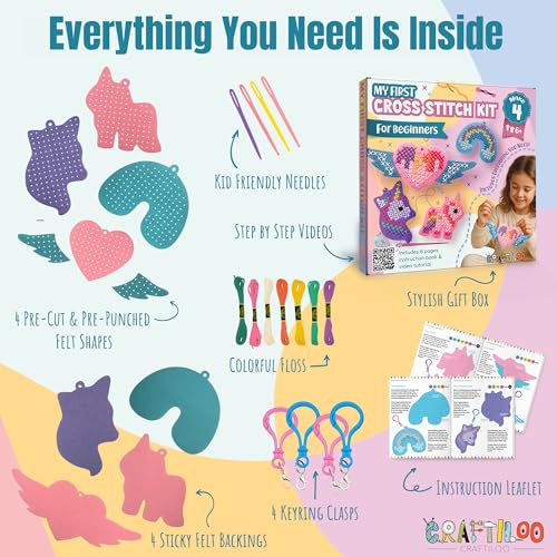 Unicorn Cross Stitch Kit for Kids Ages 6-12 - 4 Felt Beginner Projects - style: Unicorn (4 Projects)