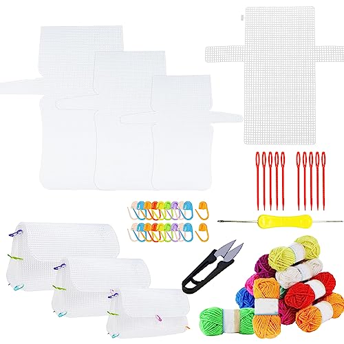 Allazone 58 PCS Clear Plastic Mesh Canvas Sheets for Embroidery, Plastic Mesh Sheets Plastic Canvas with 12 Color Acrylic Yarn for DIY Sewing Bag - color: 58 PCS - Yarn