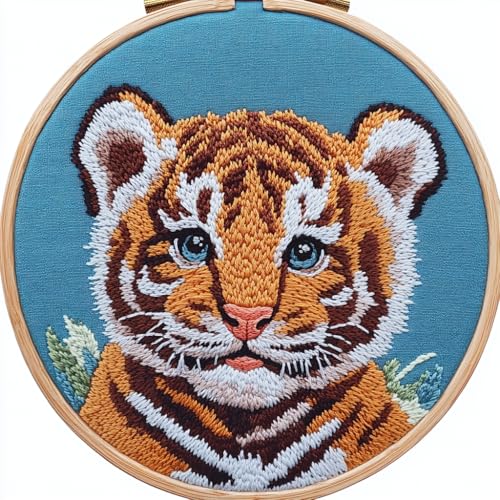 DIY Punch Needle Kits Cartoon Tiger Portrait with Hoop 20x20cm-1 - color: 22-Tiger