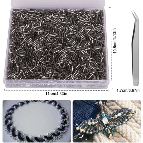 4000pcs Gray Bugle Beads Bulk -Embroidery Beads,Long Tube Bead for Jewelry Making, Bracelet Necklaces Supplies,Craft DIY(7x2mm) - color: Grey