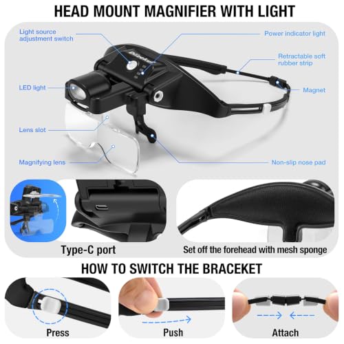 Dilzekui Magnifying Glass with Light 1X-4X Rechargeable (Black) - color: Black