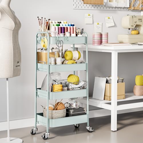 TOOLF 4 Tier Metal Rolling Cart, Utility Storage Cart with Wheels, Green - color: Green, size: 4-Tier