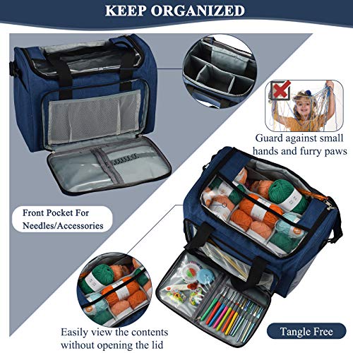 Coopay Large Knitting Bag Yarn Bag for Crochet, Yarn Tote Storage Organizer Portable Individual Compartments for Carrying Unfinished Project, Crochet Hooks Needles Accessories - color: Navy Blue