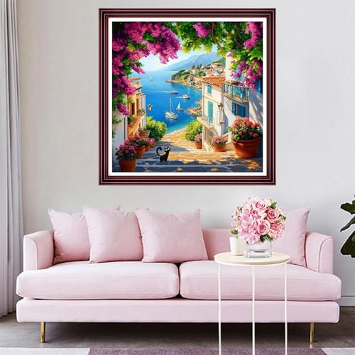 Funchey Counted Cross Stitch Kits for Adults Needlepoint Kits Unprinted Cross Stitching Embroidery Kit 11CT Cross Stitch Supplies-Seaside Town Flower Scenery 18x18 inch - color: ArtsKit05