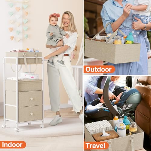 3In1 Modanais Baby Diaper Caddy Organizer Cart with Drawers, Off White - color: Off White
