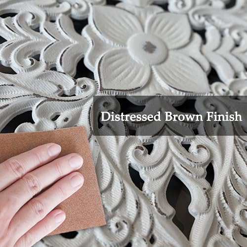 XIAOAIKA Boho Carved Wood Wall Art Panel, Floral Mandala, Distressed White - color: Distressed White