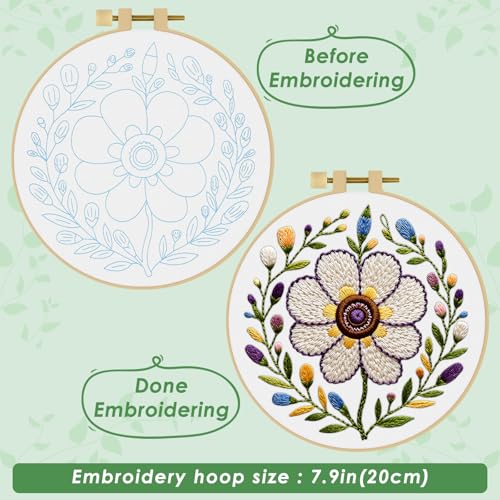 ERKOON Embroidery Kit for Beginners Adult, Cross Stitch Set Include Embroidery Cloth Hoop Threads for Craft Lover Hand Stitch with Embroidery Skill Techniques (Flower) - color: Flower